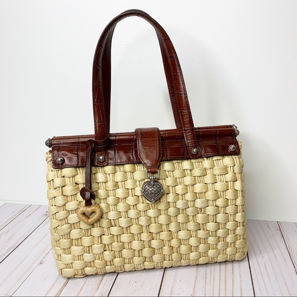 Brighton Handbags - BRIGHTON Straw & Brown Leather Satchel Hand Bag